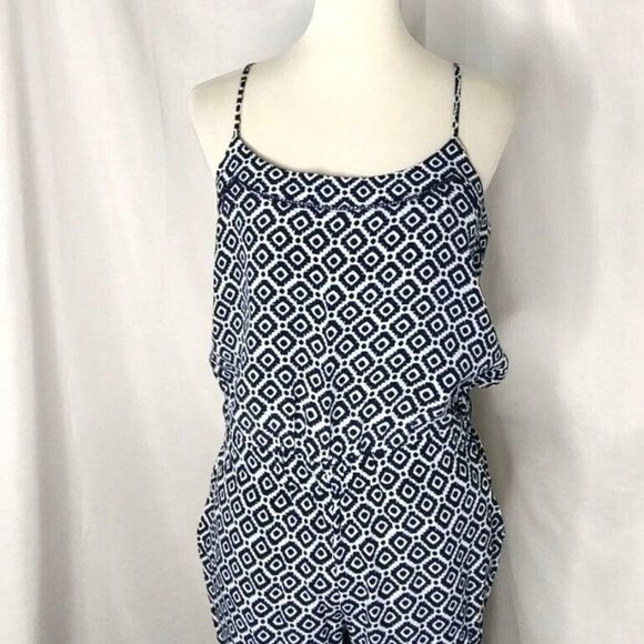 LOFT Jumpsuit S Navy Blue Geo Print Straight Leg Strappy - Picture 5 of 11